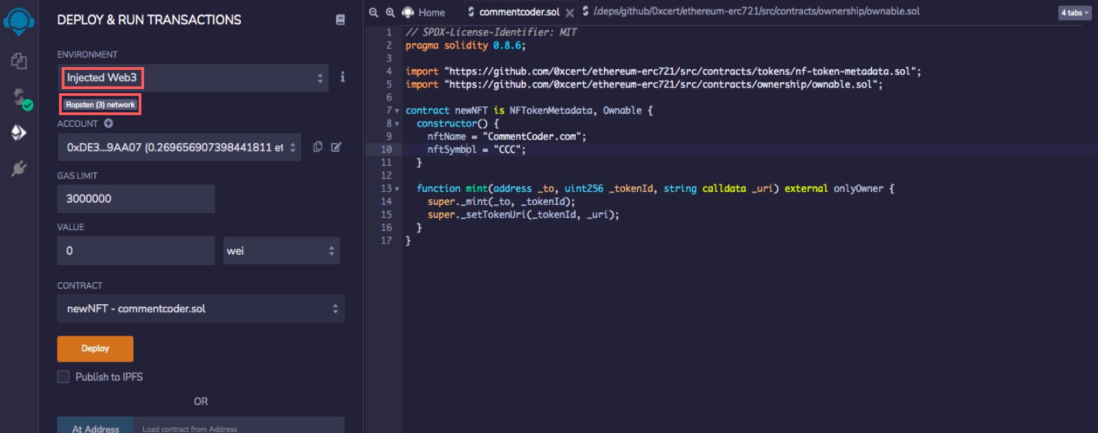 Choisir le Ropsten network pour deployer un smart contract