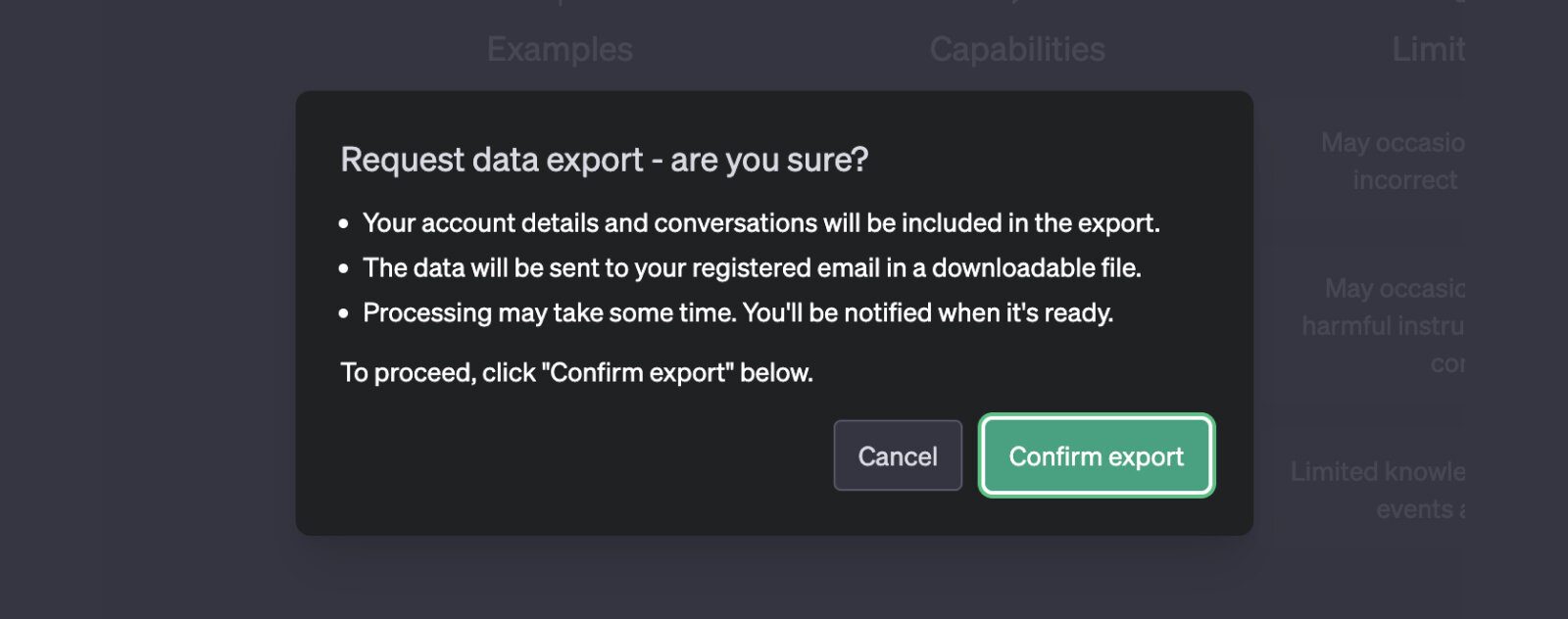 Confirmez l'export ChatGPT