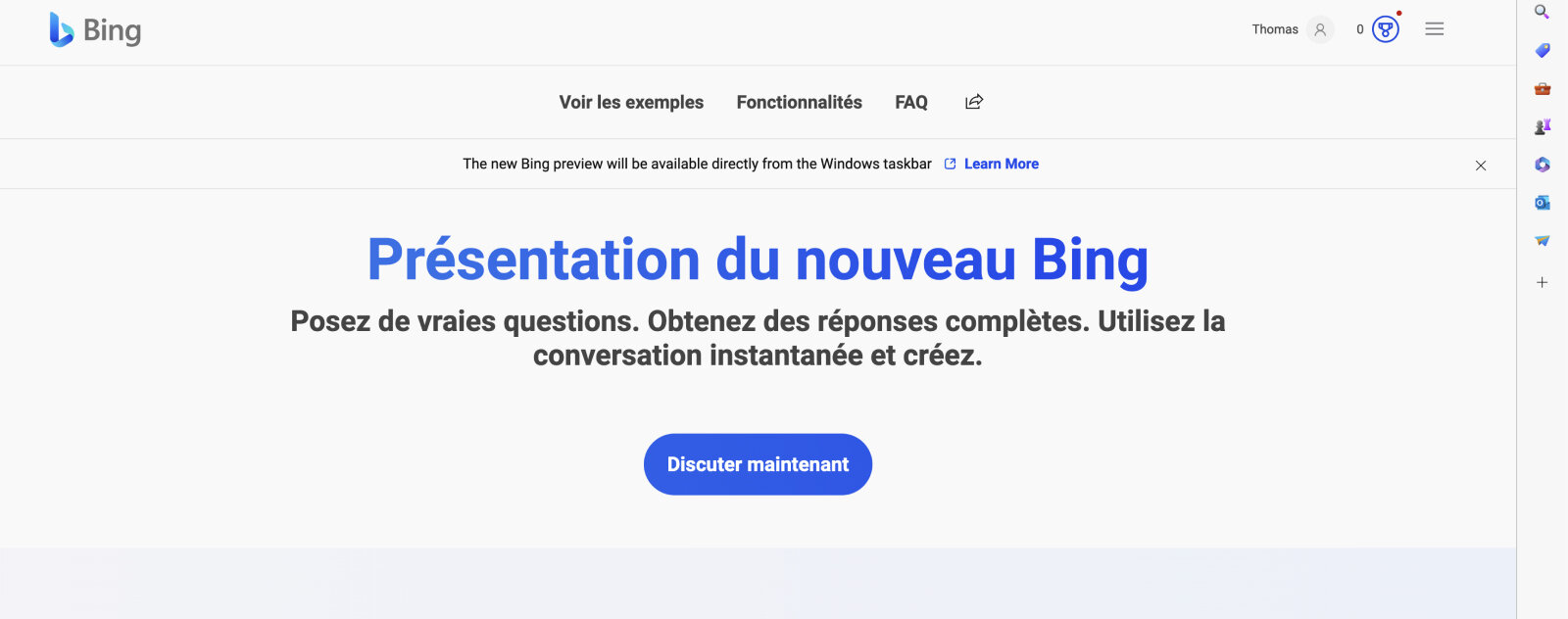 Se rendre dans l'onglet "Conversation" du moteur de recherche Bing
