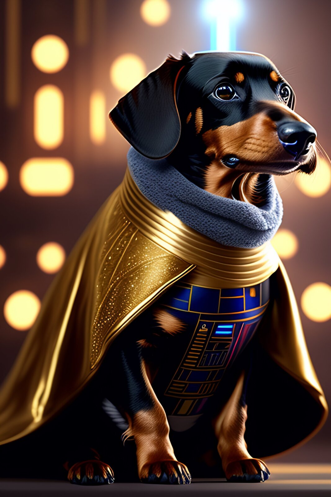 Scène d'intelligence artificielle de Star Wars : un petit teckel noir et brun portant une cape dorée de chevalier Jedi et tenant un sabre laser bleu dans sa patte gauche, avec R2D2 et 3PO en arrière-plan, tendances art station, concept art, très détaillé, complexe, netteté, art numérique, 8 k
