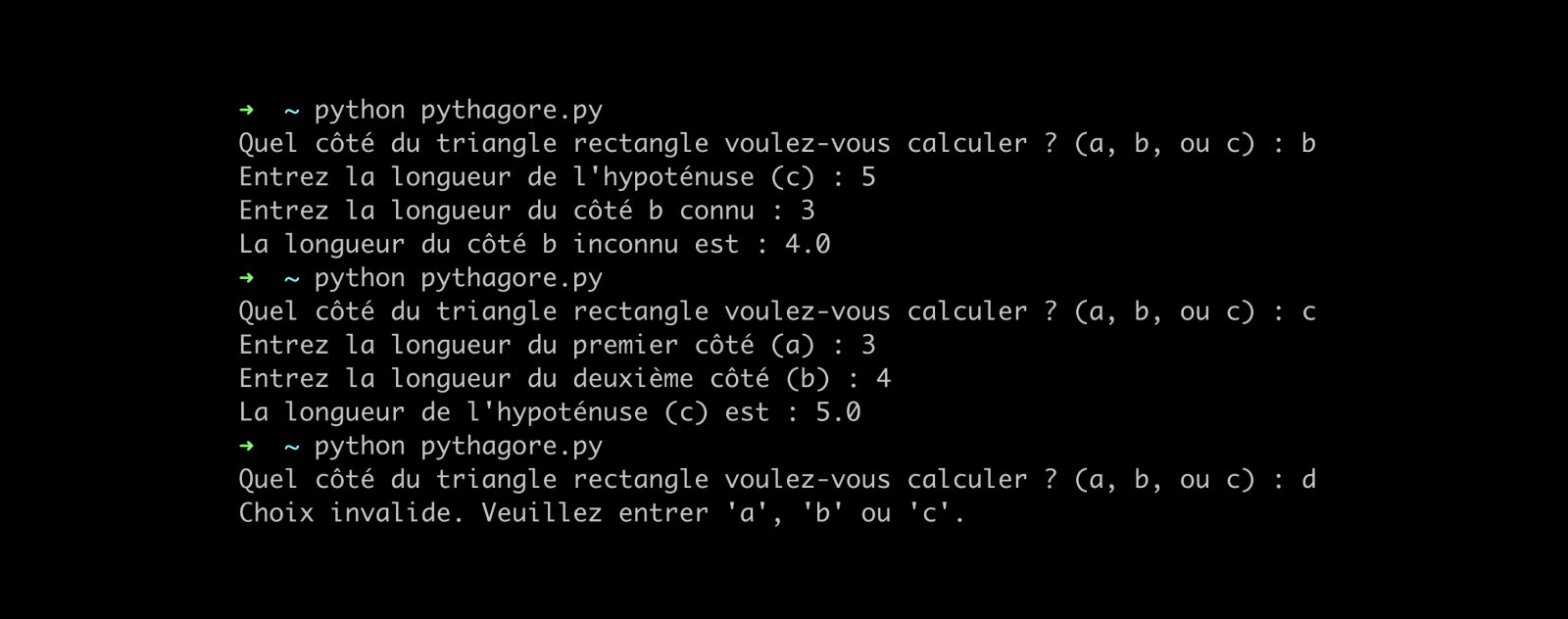 Calculer n'importe lequel des cotés d'un triangle rectangle