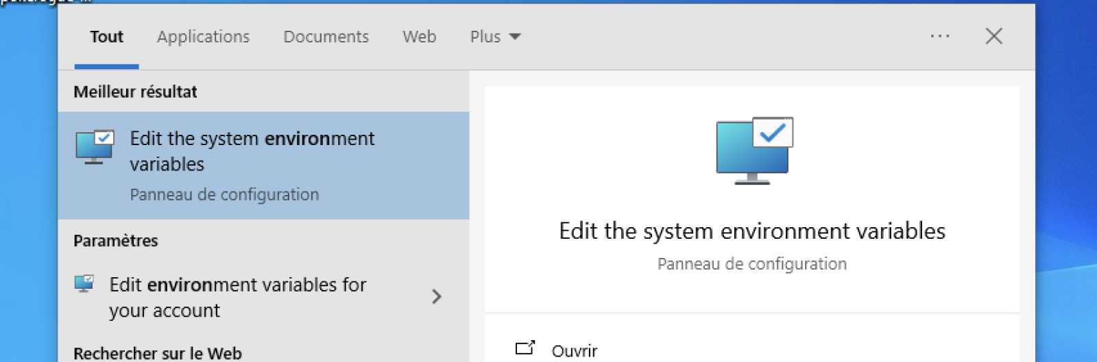 Panneau de configuration pour modifier les variables d'environnement système