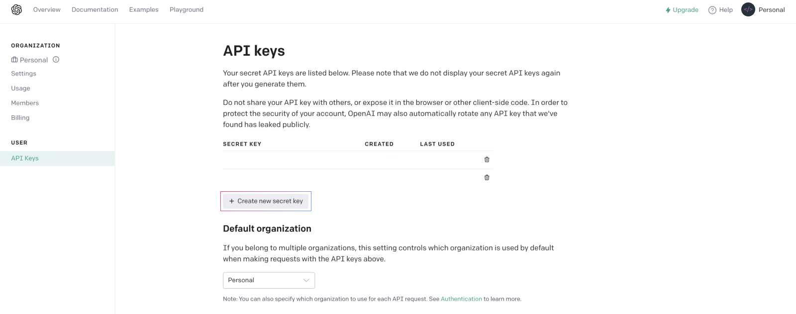 Create new secret key site OpenAI