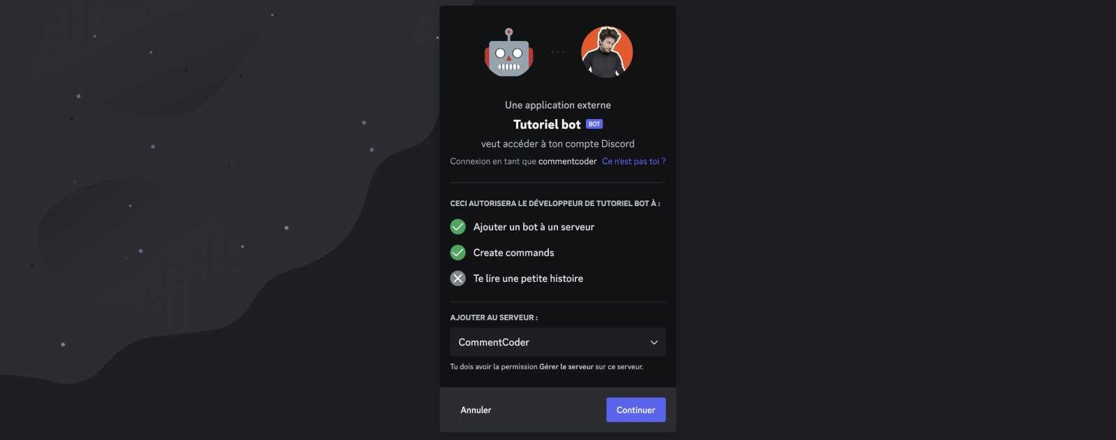 Page de selection du serveur sur lequel inviter un bot discord