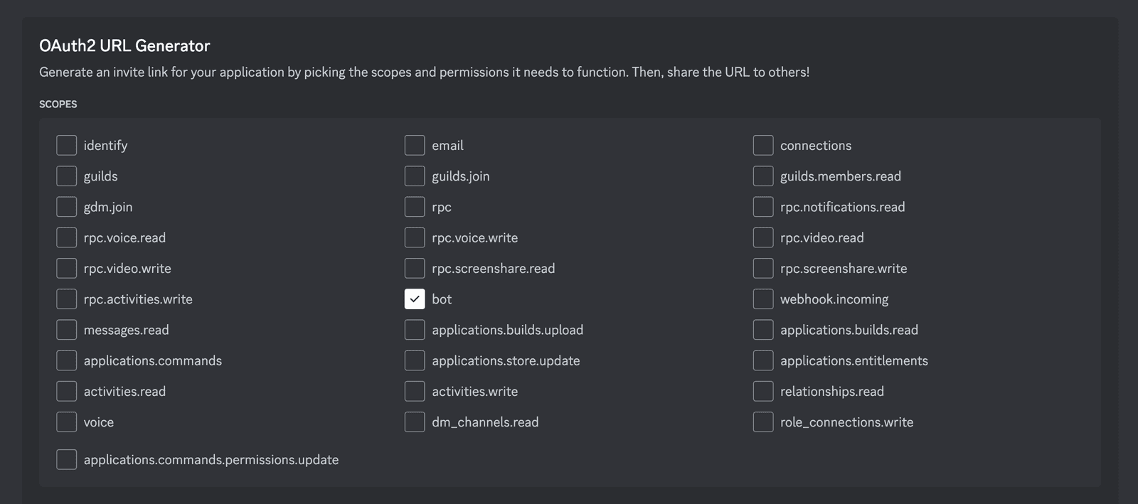 Choisir le type d'application discord dans OAuth2