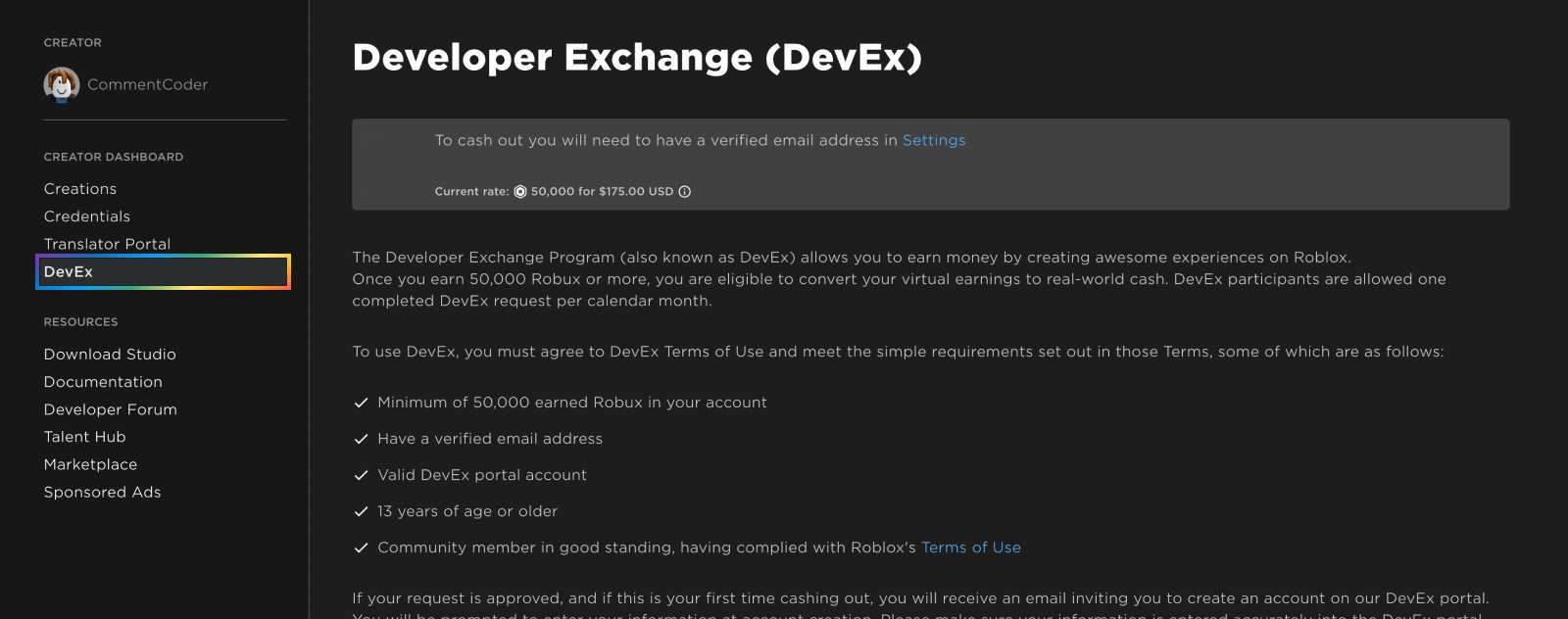 Comment creer un compte DevEx de Roblox ?