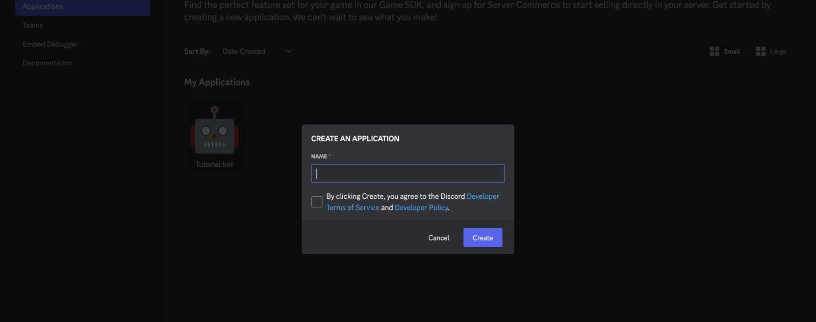 Créer une application sur le discord developer portal