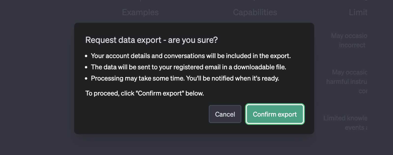 Confirmez l'export ChatGPT