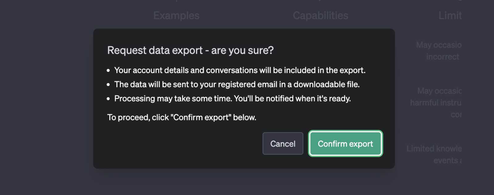 Confirmez l'export ChatGPT