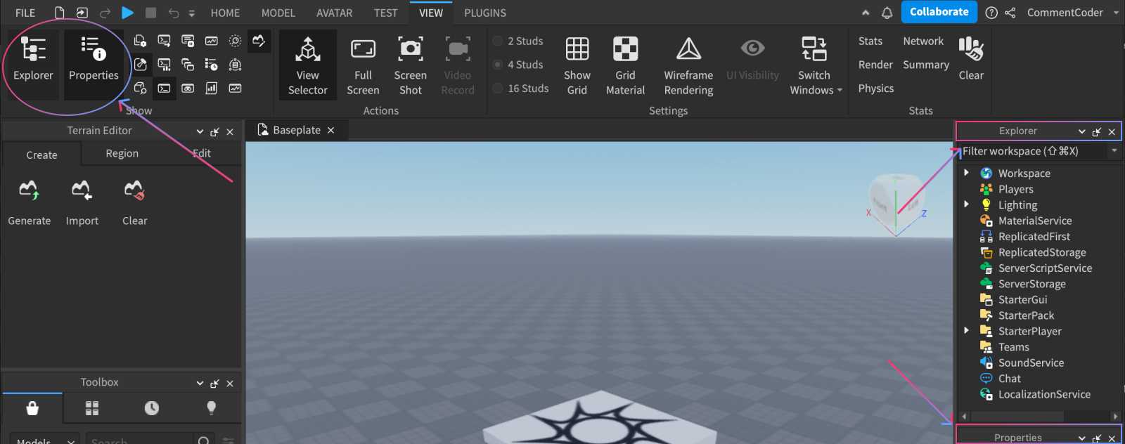 Découvrir l'interface Roblox Studio