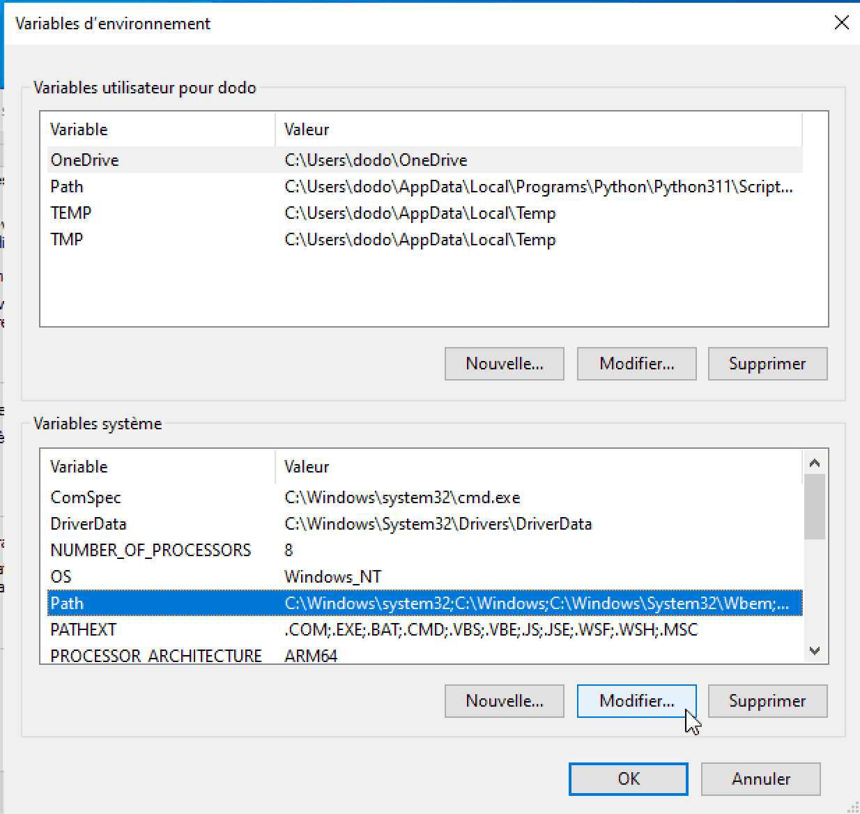 Modifier variable environnement path