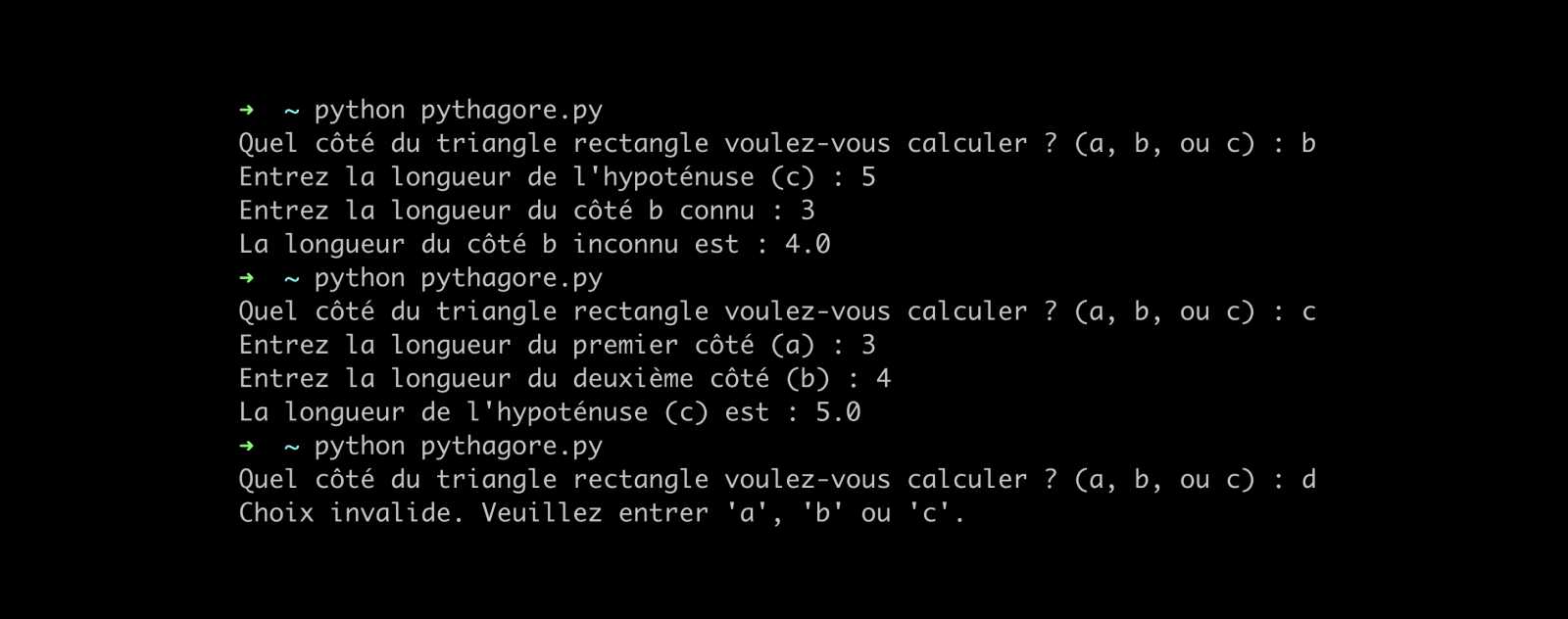 Calculer n'importe lequel des cotés d'un triangle rectangle