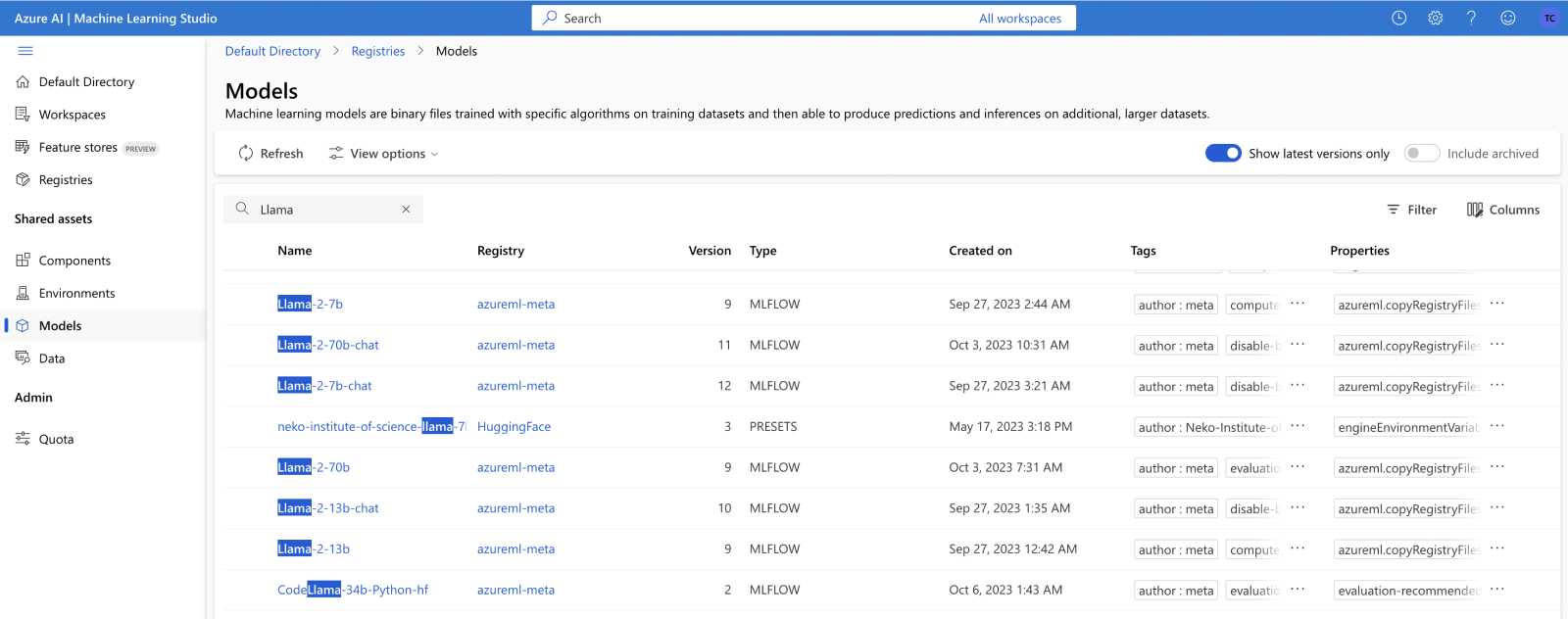 Les différents modèles LLaMA 2 sur Microsoft Azure