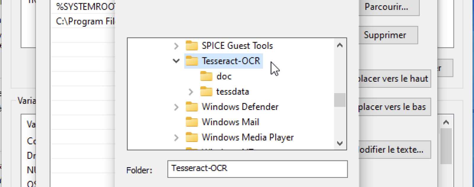 Choisir le dossier d'installation de Tesseract