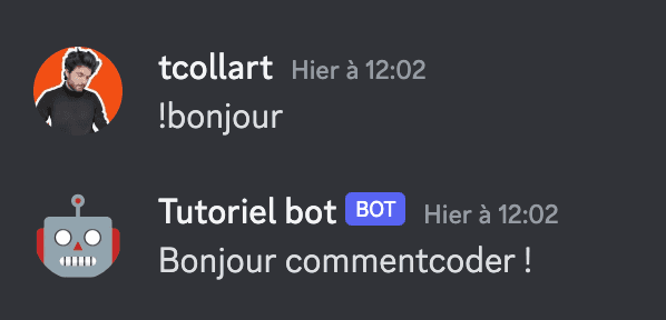 Commande !bonjour dans discord