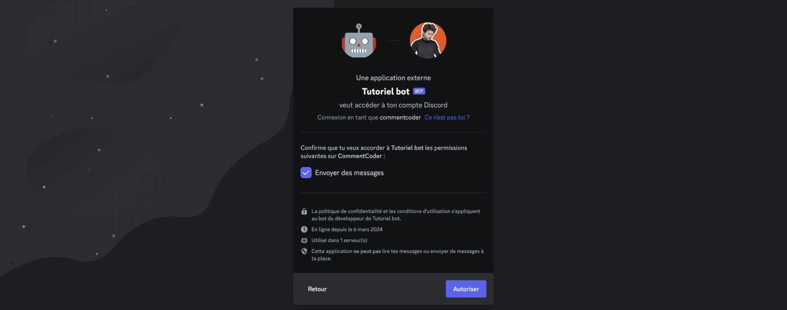 Page de confirmation des permissions pour inviter un bot discord