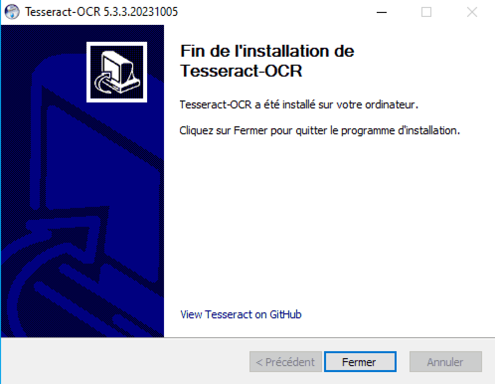 Fin de l'installation de Tesseract