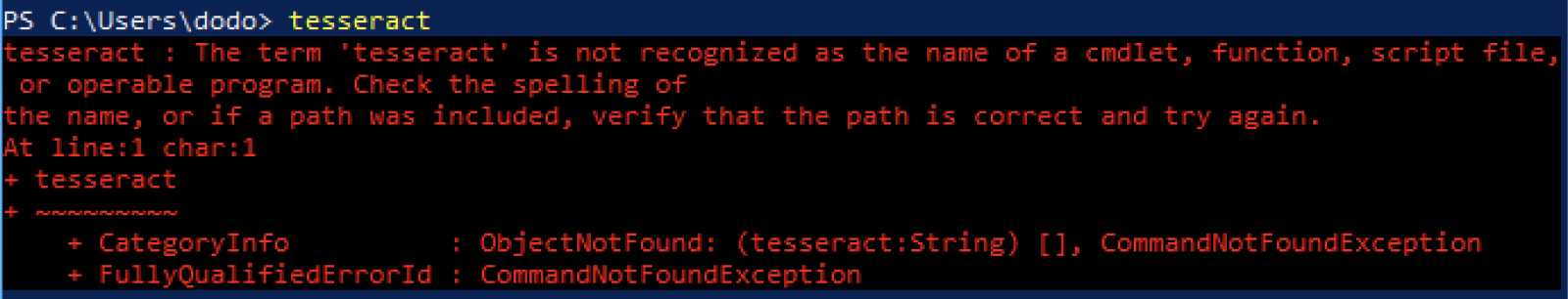 Erreur dans le powershell, tesseract n'est pas dans le path